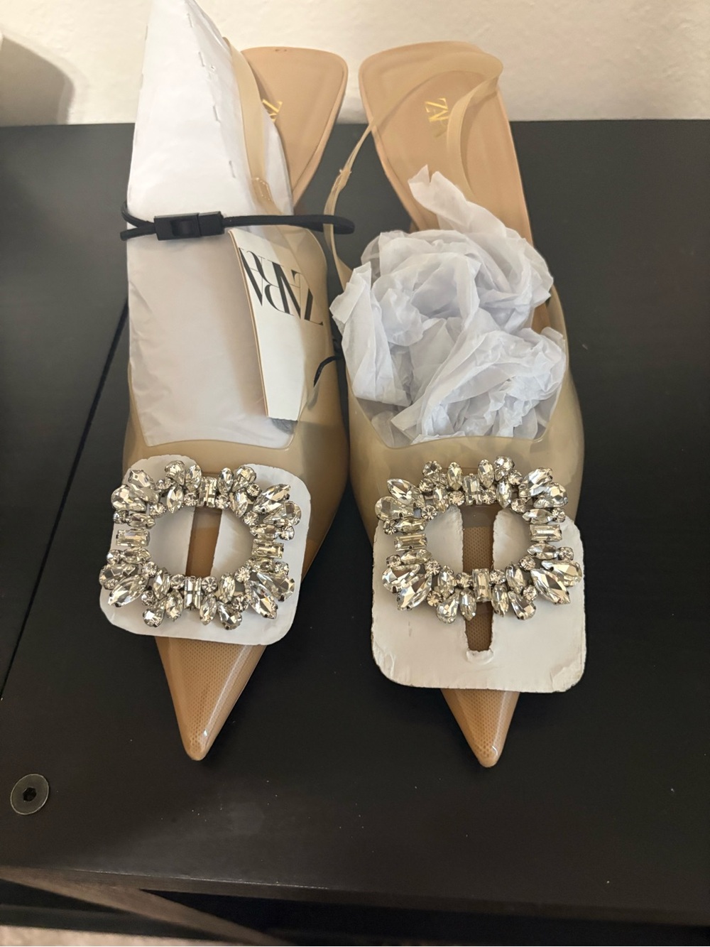 Zara Beige Pointed Toe Mules with Crystal Buckle Size 10/41